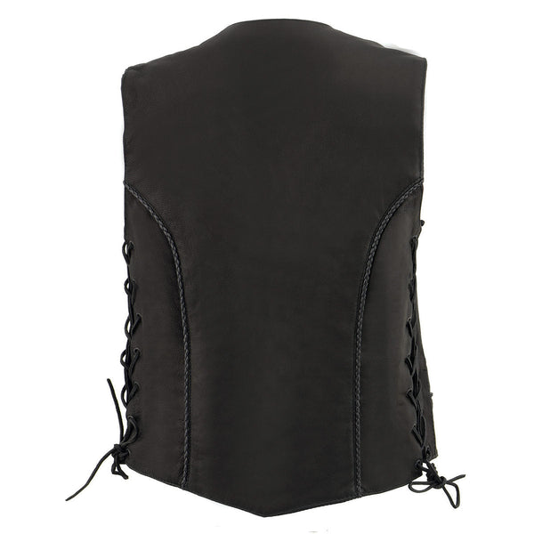 Milwaukee Leather MLL4560 Women's Black Premium Leather Classic Braided Side Lace Deep V-Neck Motorcycle Rider Vest
