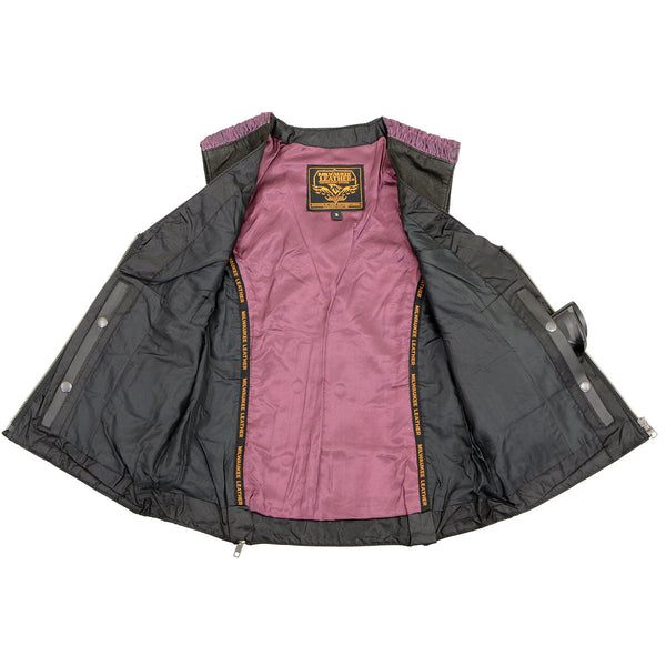 Milwaukee Leather MLL4571 Women's Black and Purple Lightweight Motorcycle Leather Vest w/ Crinkled Leather Design