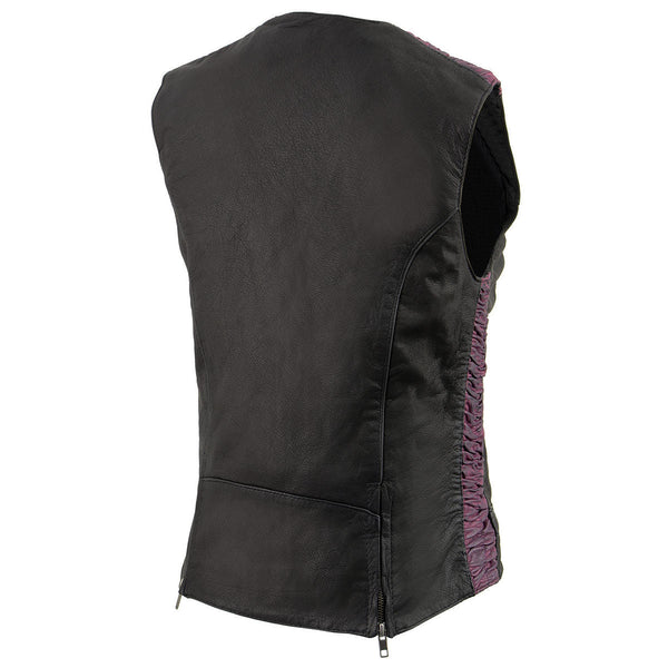 Milwaukee Leather MLL4571 Women's Black and Purple Lightweight Motorcycle Leather Vest w/ Crinkled Leather Design