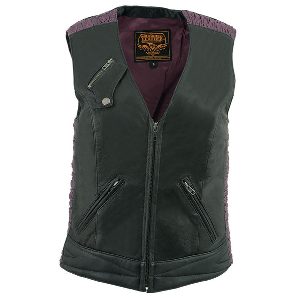 Milwaukee Leather MLL4571 Women's Black and Purple Lightweight Motorcycle Leather Vest w/ Crinkled Leather Design