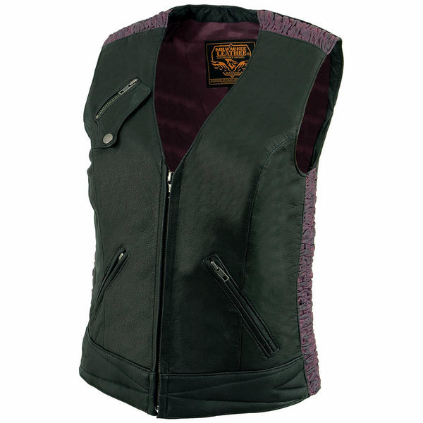 Milwaukee Leather MLL4571 Women's Black and Purple Lightweight Motorcycle Leather Vest w/ Crinkled Leather Design