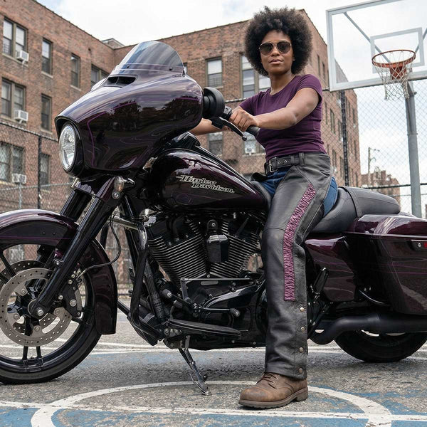 Milwaukee Leather Women's Black Premium Leather Motorcycle Rider Chaps w/ Purple Crinkled Stripes-Reflective Trim MLL6500