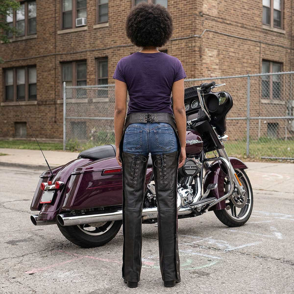 Milwaukee Leather Women's Black Premium Leather Motorcycle Rider Chaps w/ Purple Crinkled Stripes-Reflective Trim MLL6500