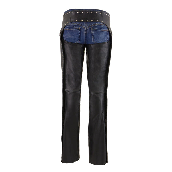 Milwaukee Leather Women's Rivet Rose Black Leather Motorcycle Chaps w/ Rivet and D-Ring Accents - MLL6503