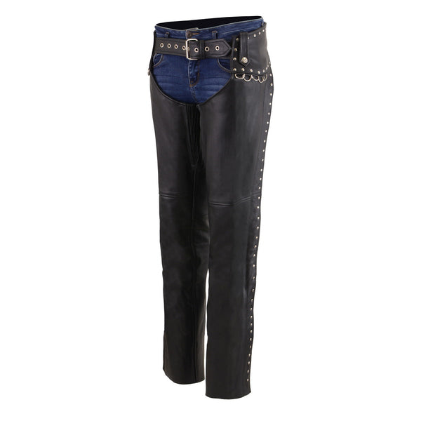 Milwaukee Leather Women's Rivet Rose Black Leather Motorcycle Chaps w/ Rivet and D-Ring Accents - MLL6503
