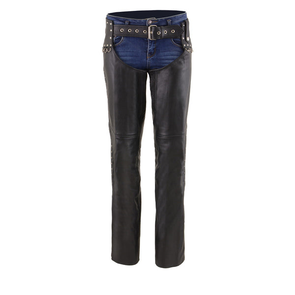 Milwaukee Leather Women's Rivet Rose Black Leather Motorcycle Chaps w/ Rivet and D-Ring Accents - MLL6503