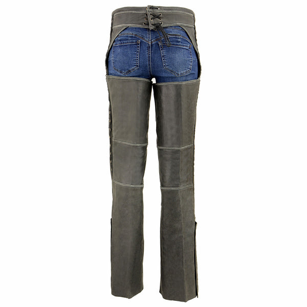 Milwaukee Leather Women Distress Grey Premium Leather Motorcycle Chaps w/ Accent Lace Details MLL6536