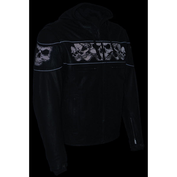 Milwaukee Leather MLM1563 Men's Black Leather Scooter Style Motorcycle Jacket with Reflective Skulls w/ Hoodie