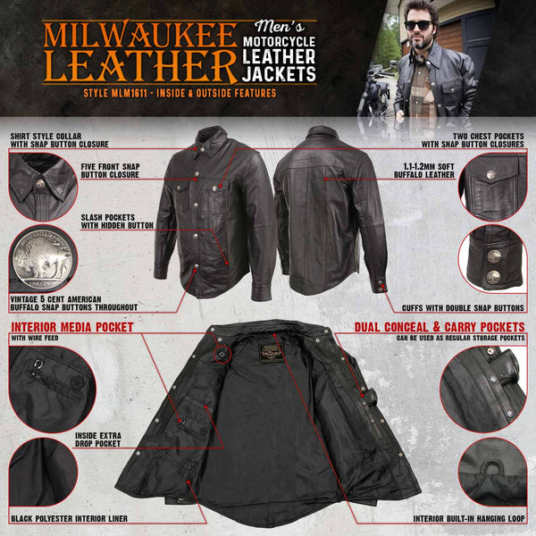 Milwaukee Leather MLM1611 Men's Premium Black Leather Casual Biker Rider Shirt w/ Vintage 5 Cent Buffalo Buttons