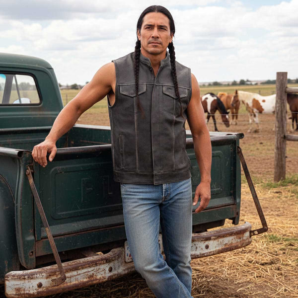 Milwaukee Leather MLM3513 Men's Premium Leather Club-Style Motorcycle Vest w/ Snaps and Zipper Closure