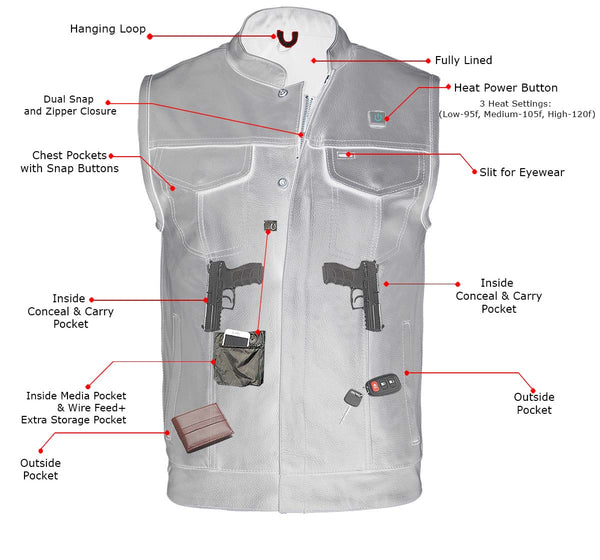 Milwaukee Leather MLM3524SET Men's All Season Black Premium Leather Motorcycle vest w/ Heated and Cool-Tec Technology