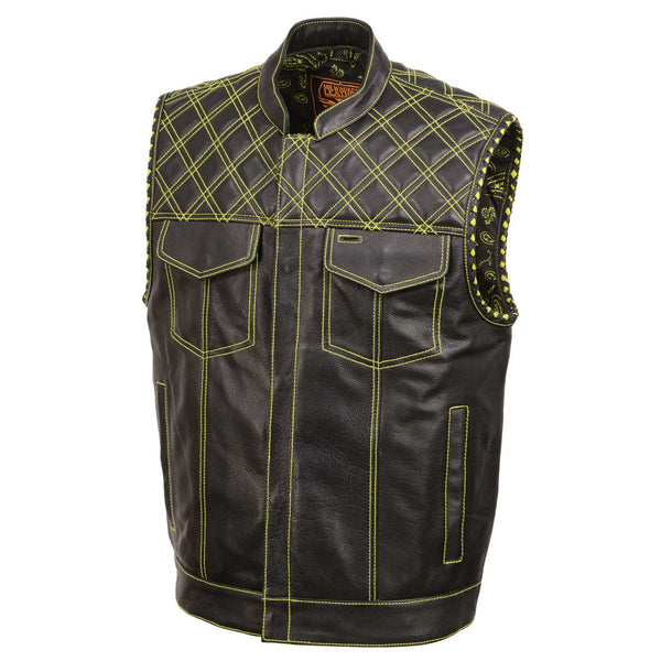 Milwaukee Leather MLM3528 Men's Black Paisley Lined Leather Vest w/ Neon Green Stitching & Armhole Trim