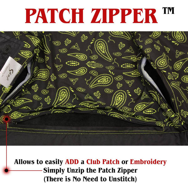 Milwaukee Leather MLM3528 Men's Black Paisley Lined Leather Vest w/ Neon Green Stitching & Armhole Trim