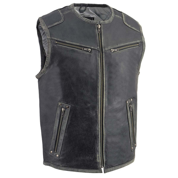 Milwaukee Leather MLM3536 Men's Distressed Grey Leather Collarless Motorcycle Rider Vest