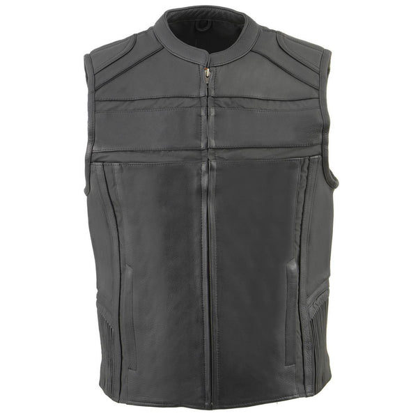 Milwaukee Leather MLM3560 Men's Black Leather Vest - Reflective Piping Elasticized Waist Open Neck Motorcycle Vest