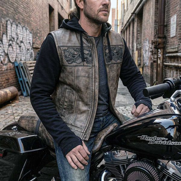 Milwaukee Leather MLM3561 Men's Hell Raiser 2 in 1 Distress Brown Leather Vest w/ Removeable Hoodie - Reflective Skull Artwork