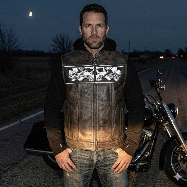 Milwaukee Leather MLM3561 Men's Hell Raiser 2 in 1 Distress Brown Leather Vest w/ Removeable Hoodie - Reflective Skull Artwork