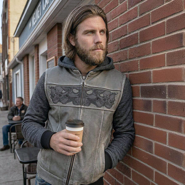 Milwaukee Leather MLM3562 Men's Hell Raiser 2 in 1 Distress Grey Leather Vest w/ Removeable Hoodie - Reflective Skull Artwork