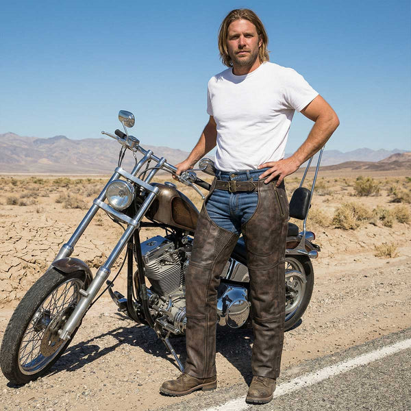 Milwaukee Leather Chaps for Men's Distressed Brown Leather Snap Out Thermal Lined 4-Pockets Motorcycle Chap MLM5500