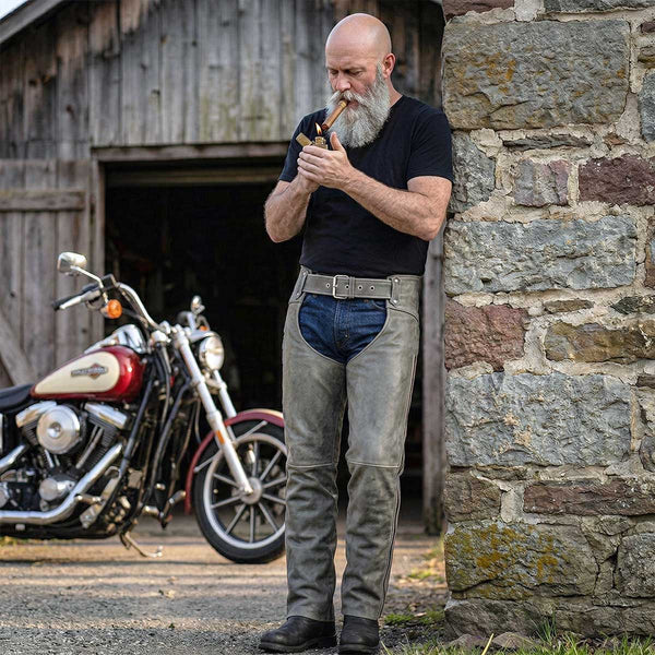 Milwaukee Leather Chaps for Men's Vintage Grey Slate Leather - Deep Zipped Thigh Pockets Motorcycle Chap - MLM5536