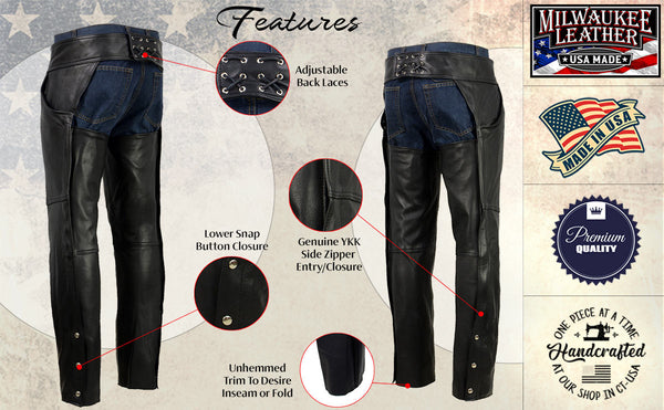 Milwaukee Leather USA MADE MLM5570 Men's Black Enfold Classic Premium Leather Motorcycle Chaps with Jean Pockets