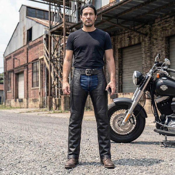 Milwaukee Leather USA MADE MLM5570 Men's Black Enfold Classic Premium Leather Motorcycle Chaps with Jean Pockets