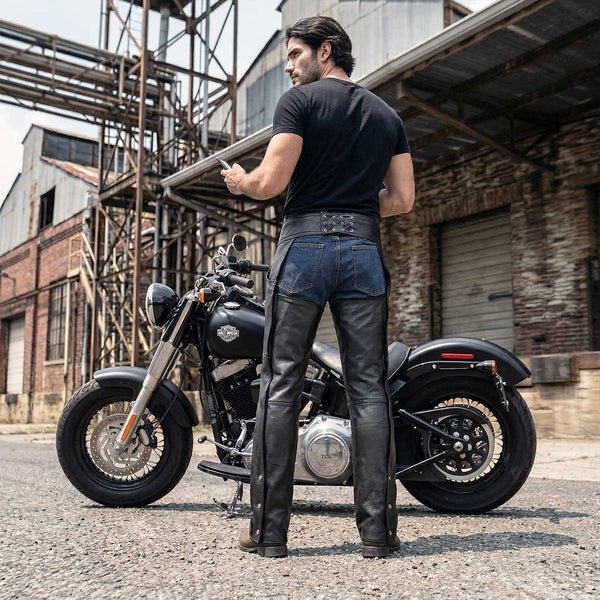 Milwaukee Leather USA MADE MLM5570 Men's Black Enfold Classic Premium Leather Motorcycle Chaps with Jean Pockets