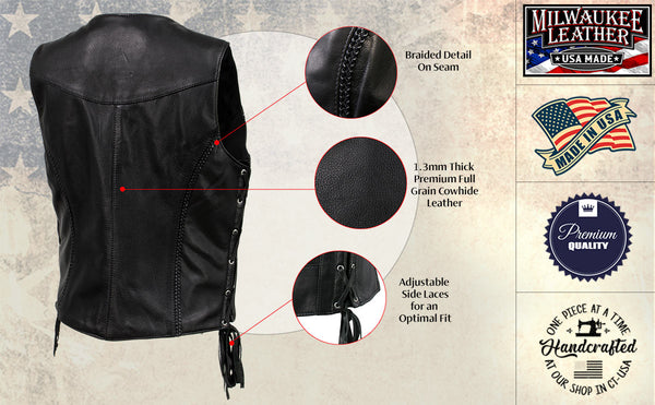 Milwaukee Leather USA MADE MLVSL5001 Women's Black Vivacious Braided Motorcycle Leather Vest