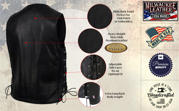 Milwaukee Leather USA MADE MLVSM5003 Men's Black Gaucho Extra Long Back Premium Steerhide Motorcycle Leather Vest
