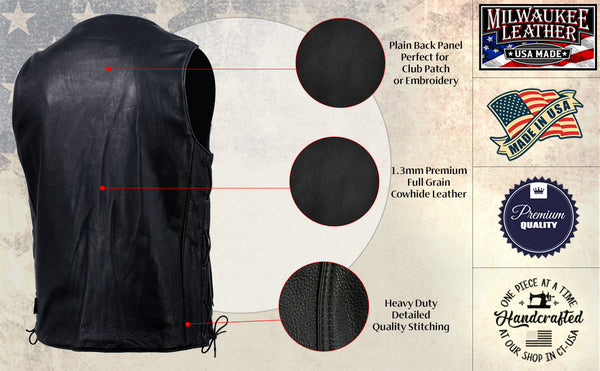 Milwaukee Leather USA MADE MLVSM5005 Men's Black Road Whip Premium Motorcycle Leather Vest with Buffalo Snap Buttons
