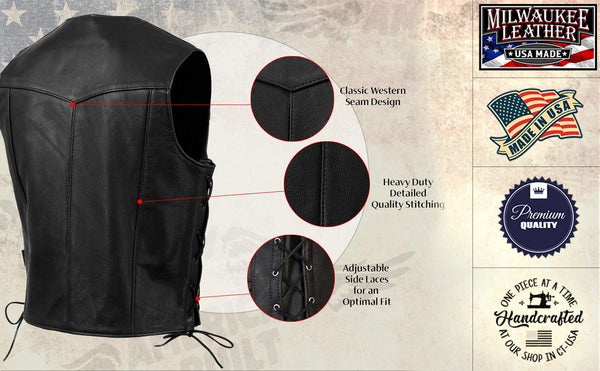 Milwaukee Leather USA MADE MLVSM5008 Men's Black Buster Side Lace Premium Motorcycle Leather Vest