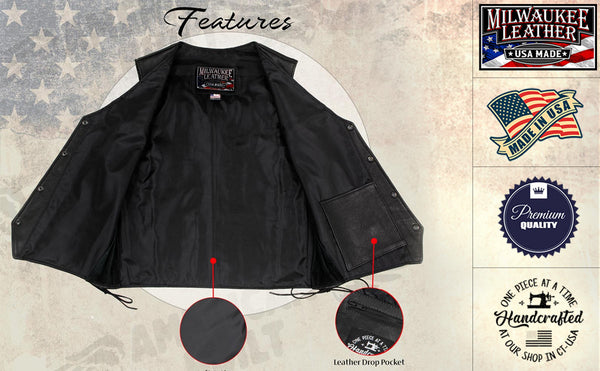 Milwaukee Leather USA MADE MLVSM5008 Men's Black Buster Side Lace Premium Motorcycle Leather Vest