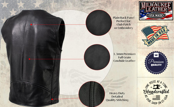 Milwaukee Leather USA MADE MLVSM5009 Men's Black Slinger V-Neck Motorcycle Premium Leather Zippered Vest