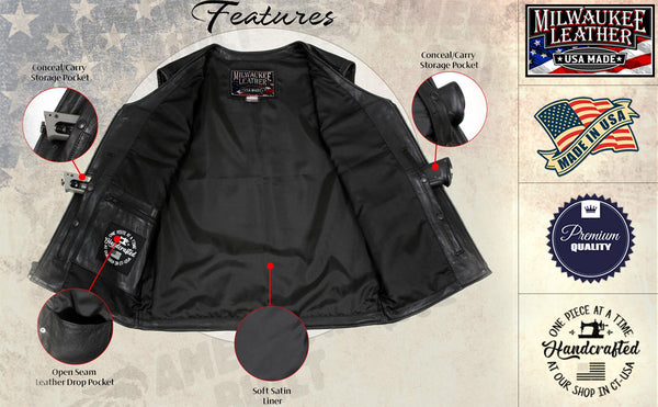 Milwaukee Leather USA MADE MLVSM5009 Men's Black Slinger V-Neck Motorcycle Premium Leather Zippered Vest