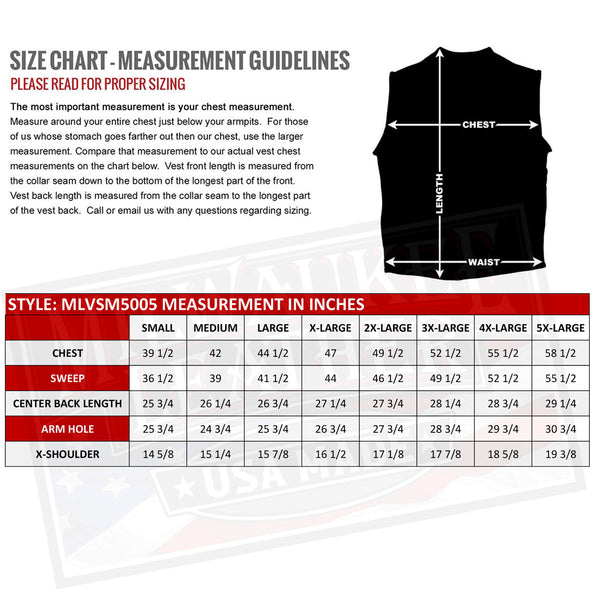 Milwaukee Leather USA MADE MLVSM5005 Men's Black Road Whip Premium Motorcycle Leather Vest with Buffalo Snap Buttons