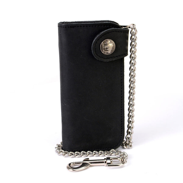 Milwaukee Leather MLW7828 Men's 7" Leather Bi-Fold Biker Wallet w/ Anti-Theft Stainless Steel Chain and Buffalo Nickel Snap