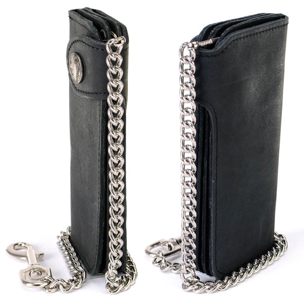 Milwaukee Leather MLW7828 Men's 7" Leather Bi-Fold Biker Wallet w/ Anti-Theft Stainless Steel Chain and Buffalo Nickel Snap