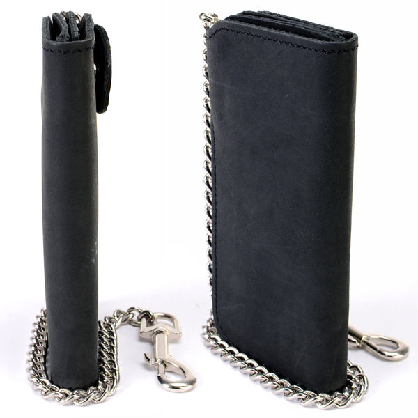 Milwaukee Leather MLW7828 Men's 7" Leather Bi-Fold Biker Wallet w/ Anti-Theft Stainless Steel Chain and Buffalo Nickel Snap