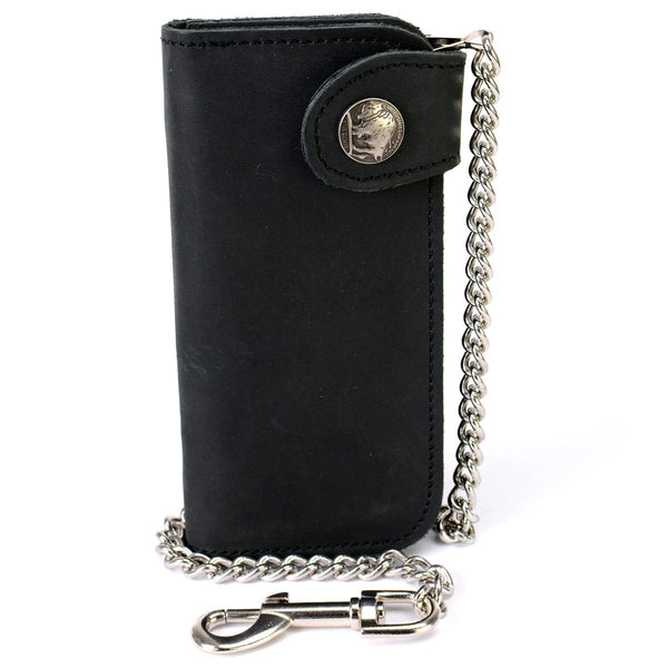 Milwaukee Leather MLW7828 Men's 7" Leather Bi-Fold Biker Wallet w/ Anti-Theft Stainless Steel Chain and Buffalo Nickel Snap