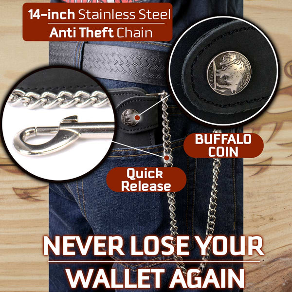 Milwaukee Leather MLW7828 Men's 7" Leather Bi-Fold Biker Wallet w/ Anti-Theft Stainless Steel Chain and Buffalo Nickel Snap