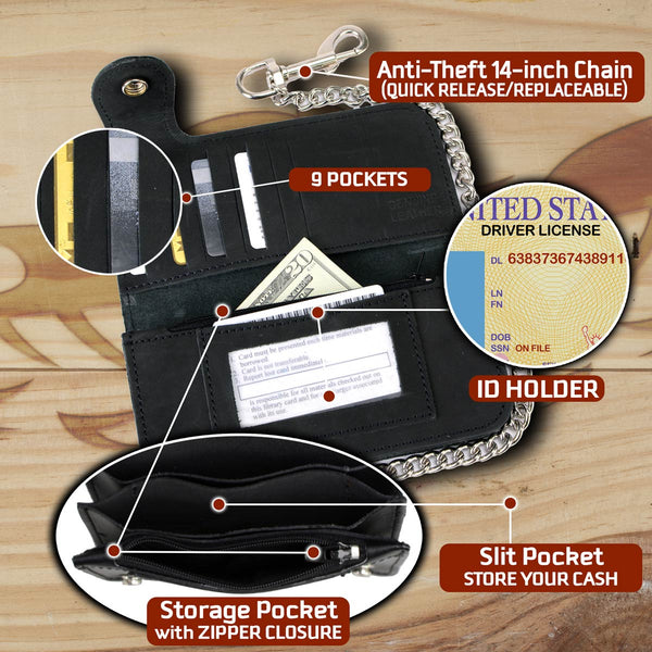 Milwaukee Leather MLW7828 Men's 7" Leather Bi-Fold Biker Wallet w/ Anti-Theft Stainless Steel Chain and Buffalo Nickel Snap