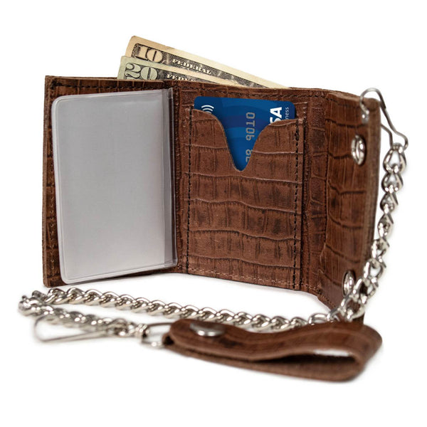 Milwaukee Leather Brown Full-Grain Crocodile-Stamped Tri-Fold Chain Wallet - MLW7849