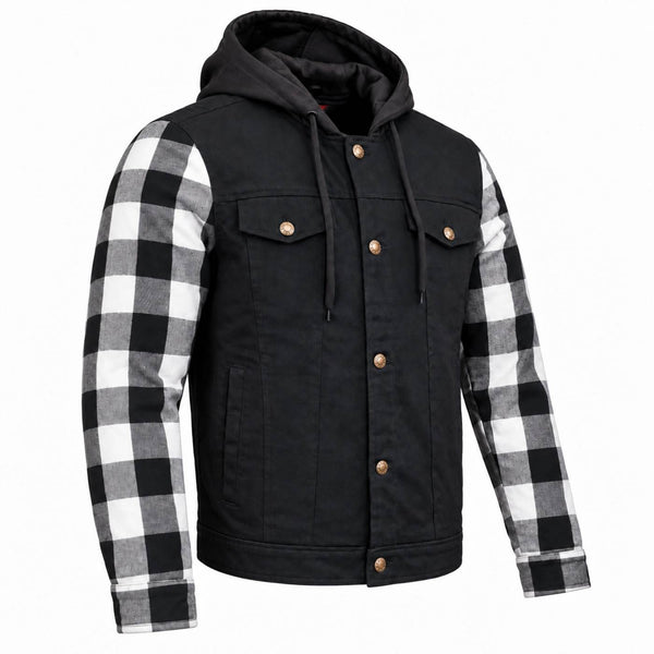 MMCC Men's Gridlock Black/White 14 oz Denim & Plaid Armored Hooded Motorcycle Jacket - MMC10101