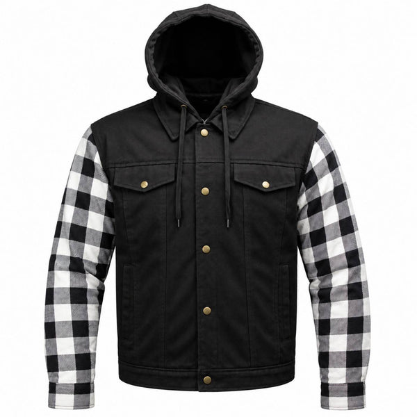 MMCC Men's Gridlock Black/White 14 oz Denim & Plaid Armored Hooded Motorcycle Jacket - MMC10101