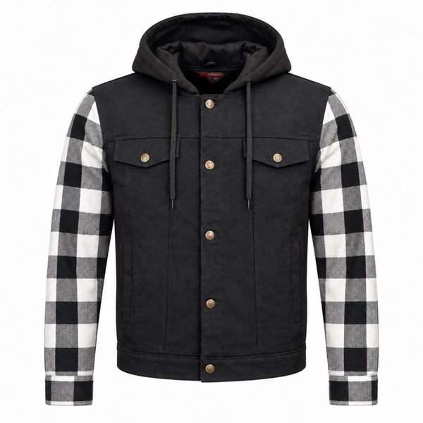 MMCC Men's Gridlock Black/White 14 oz Denim & Plaid Armored Hooded Motorcycle Jacket - MMC10101