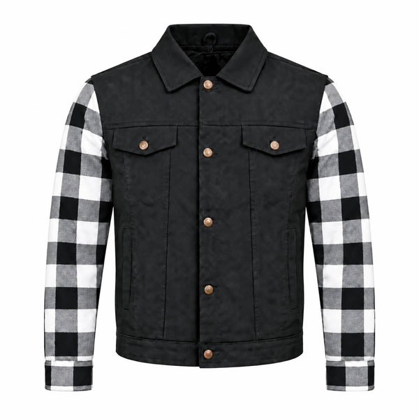 MMCC Men's Gridlock Black/White 14 oz Denim & Plaid Armored Hooded Motorcycle Jacket - MMC10101