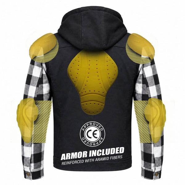MMCC Men's Gridlock Black/White 14 oz Denim & Plaid Armored Hooded Motorcycle Jacket - MMC10101