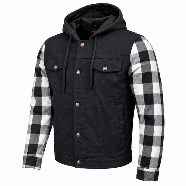 MMCC Men's Gridlock Black/White 14 oz Denim & Plaid Armored Hooded Motorcycle Jacket - MMC10101
