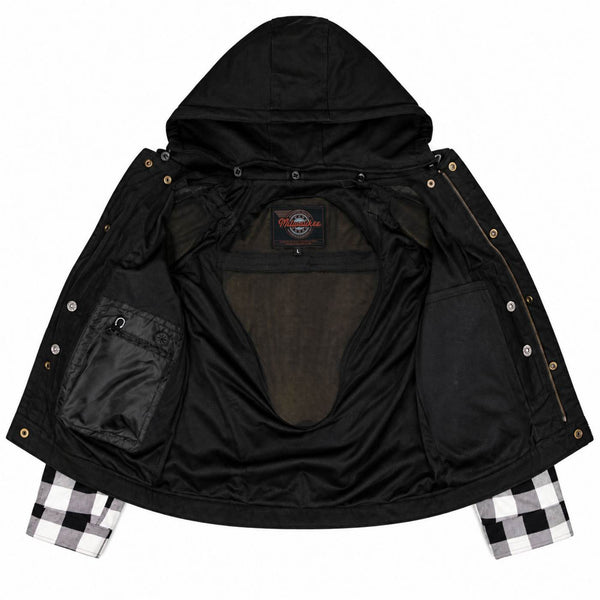 MMCC Men's Gridlock Black/White 14 oz Denim & Plaid Armored Hooded Motorcycle Jacket - MMC10101