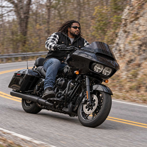 MMCC Men's Gridlock Black/White 14 oz Denim & Plaid Armored Hooded Motorcycle Jacket - MMC10101